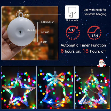 3Pcs Battery-Powered Christmas Window Lights – Tree, Jingle Bell & Star Shaped Holiday Décor