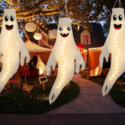3-Pack 43in Lighted Halloween Ghost Windsocks, LED Hanging Tree & Yard Decor