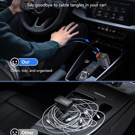 85W 4-in-1 Retractable Car Charger – 2.6ft Cables, USB C + A, Compatible with iPhone