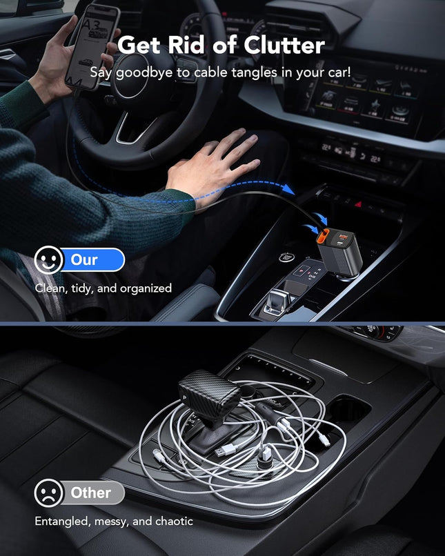 85W 4-in-1 Retractable Car Charger – 2.6ft Cables, USB C + A, Compatible with iPhone