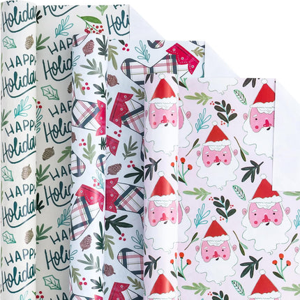 3 Rolls Cute Christmas Wrapping Paper – Pink Santa & Holiday Socks, 17x120 Inch