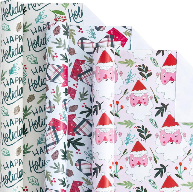 3 Rolls Cute Christmas Wrapping Paper – Pink Santa & Holiday Socks, 17x120 Inch