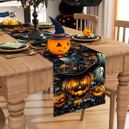 Halloween Ghost & Pumpkin Table Runner 13x72in, Polyester Dining Table Decor