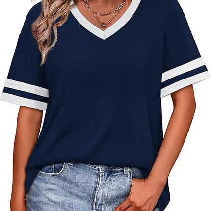 Women’s Loose Fit V Neck Color Block T Shirts Short Sleeve Summer Tops S–4XL