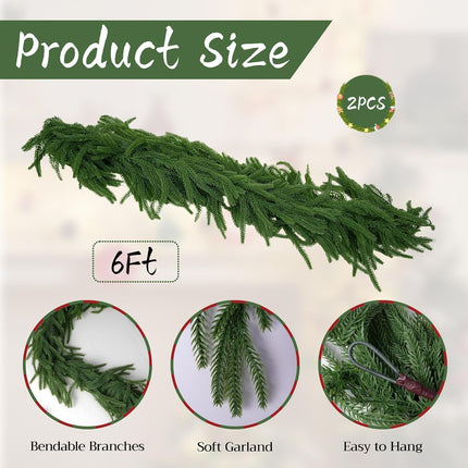 2 Pcs 6ft Norfolk Pine Garland, Real Touch Cedar for Indoor Xmas Decor