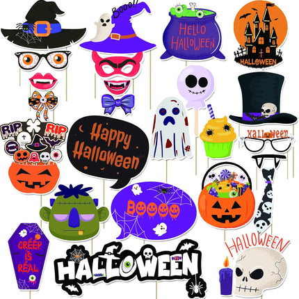 25-Piece Halloween Photo Booth Props Kit, Pumpkin Bat Ghost Skull Witch Party Decor