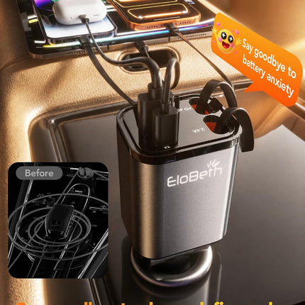 84W Retractable Car Charger, USB C Fast Charge, iPhone & Galaxy, Car Adapter