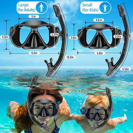Snorkeling Gear Set for Adults & Kids, Dry Snorkel Mask, Anti-Fog Wide View