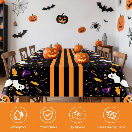 3-Pack 54x108in Halloween Plastic Tablecloths, Disposable Ghost Black Table Covers