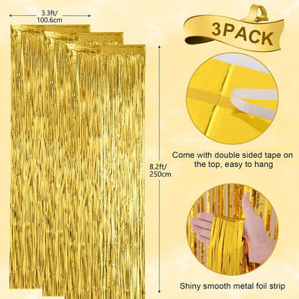 3 Pack Gold Foil Fringe Backdrop Curtains 3.3x8.2 Ft Tinsel Streamers Party