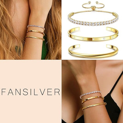 14K Gold Plated Bracelet Set – Trendy Bangles, Chains & Cuffs, 3/4PCS