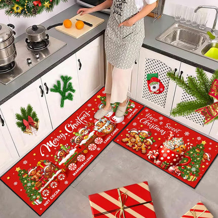 Holiday Kitchen Rug Set – Merry Christmas Gingerbread Mats 17"x47"+17"x30"