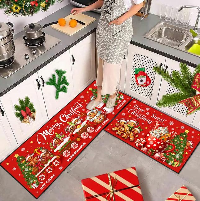 Holiday Kitchen Rug Set – Merry Christmas Gingerbread Mats 17"x47"+17"x30"