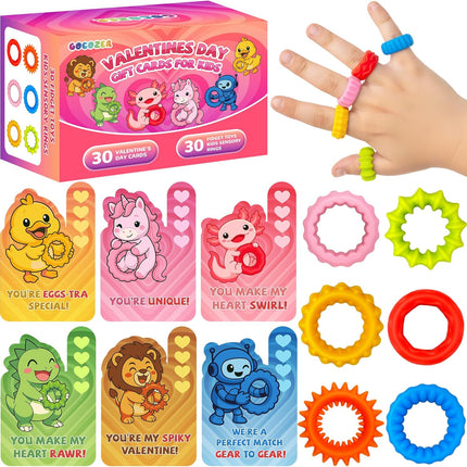 30 Pack Valentine’s Day Cards for Kids with Fidget Sensory Rings & Toys