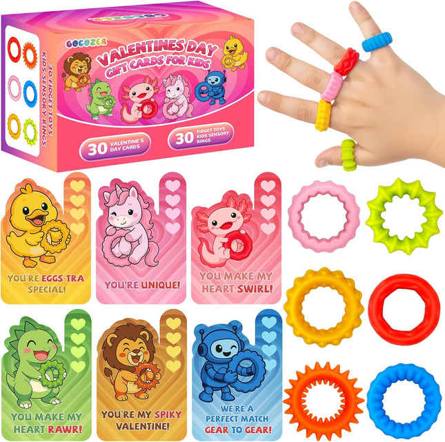 30 Pack Valentine’s Day Cards for Kids with Fidget Sensory Rings & Toys