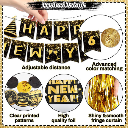 25-Piece 2026 New Year Party Supplies – Black & Gold Banner & Balloons