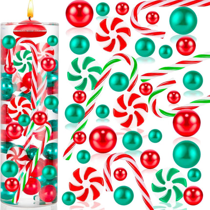 120pcs Christmas Vase Filler – Floating Red & Green Candy Cane Beads and Pearls