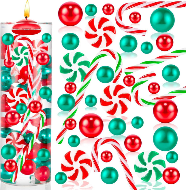 120pcs Christmas Vase Filler – Floating Red & Green Candy Cane Beads and Pearls