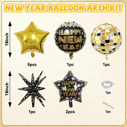18-Piece Black & Gold Foil Balloons – Happy New Year 2026 Decorations