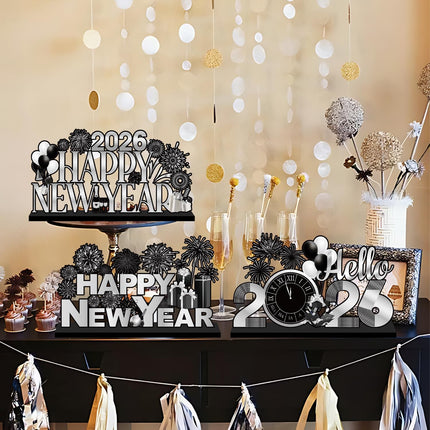 4-Piece NYE Wooden Table Decorations – Black & Silver 2026 Party Centerpieces
