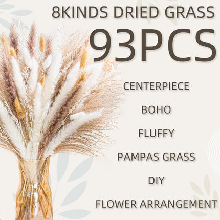 93Pcs Natural Pampas Grass Bouquet, 8-Style Dried Flowers, Boho Farmhouse Decor