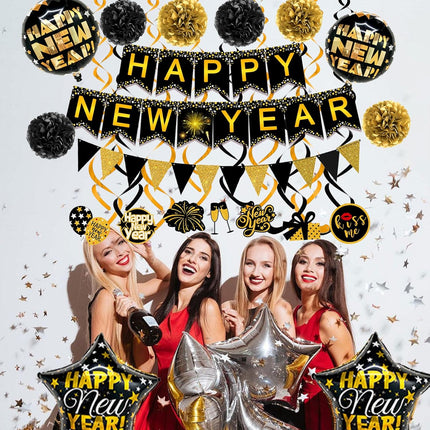 Happy New Year Party Decoration Set – Banner, Bunting, Balloons & Swirls