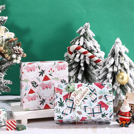 3 Rolls Cute Christmas Wrapping Paper – Pink Santa & Holiday Socks, 17x120 Inch