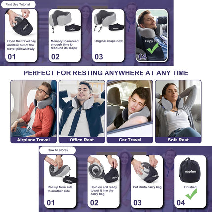 Travel Neck Pillow – Upgraded Memory Foam, Airplane Headrest, Light Grey