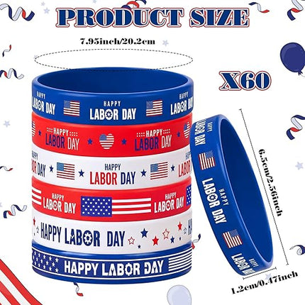 60 Pcs Happy Labor Day Silicone Bracelets Red White Blue Patriotic Wristbands