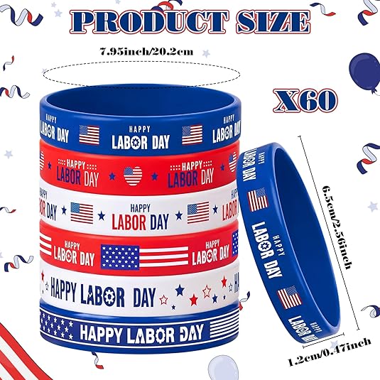 60 Pcs Happy Labor Day Silicone Bracelets Red White Blue Patriotic Wristbands