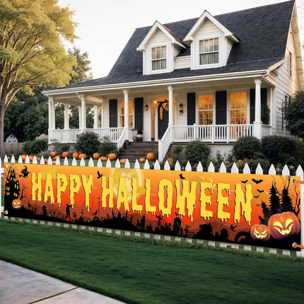 Happy Halloween Yard Banner 120x20in, Black Orange Welcome Flag for Porch & Garden