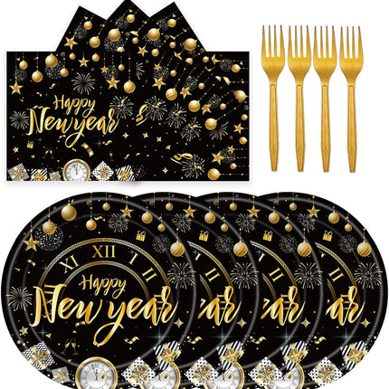 72-Piece 2026 New Year Party Supplies – Black & Gold Plates & Napkins
