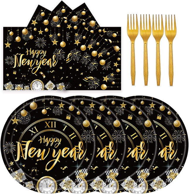 72-Piece 2026 New Year Party Supplies – Black & Gold Plates & Napkins