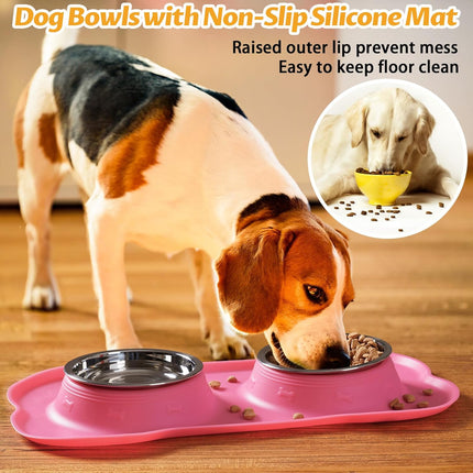 Pet Dog Bowls Set – 2 Stainless Steel Bowls with No-Spill Mat & Food Scoop (Pink)
