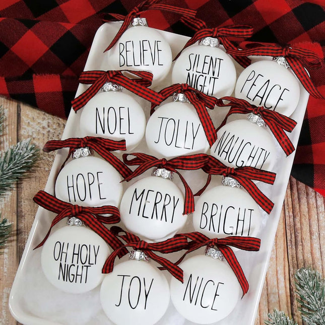 12 Shatterproof White Ornaments with Buffalo Plaid Bows – Farmhouse Xmas Tree Decor