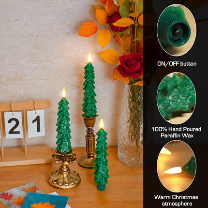 3PCS Green Tree LED Candles – Flameless Wax Christmas Taper Candles for Decor