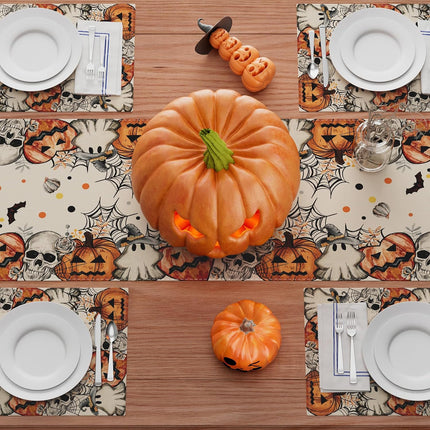 Halloween Skeleton Ghost Table Runner 13x72in, Pumpkin Spooky Kitchen Dining Decor