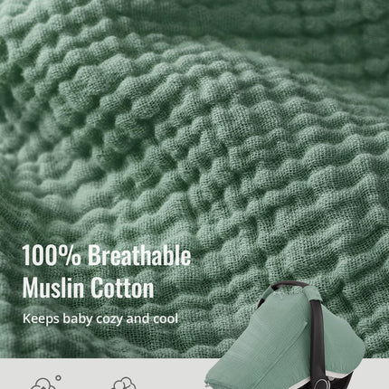 Muslin Baby Car Seat Cover Infant Canopy Roman Green Breathable Mesh Window 360°