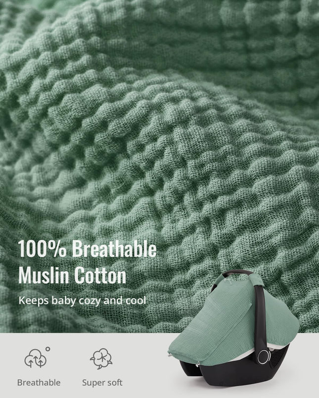 Muslin Baby Car Seat Cover Infant Canopy Roman Green Breathable Mesh Window 360°