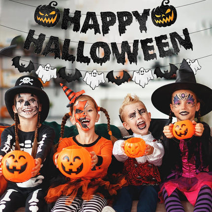 Black Glitter Happy Halloween Banner, Pumpkin Ghost Bat Garland for Party Decor