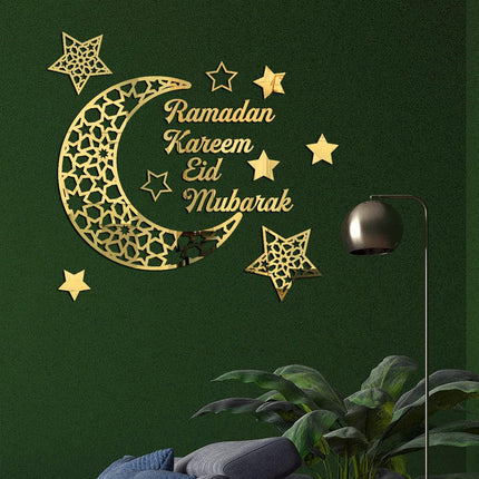 Gold Acrylic Ramadan Mubarak Eid Kareem Sign - Crescent Moon & Stars Wall Decor