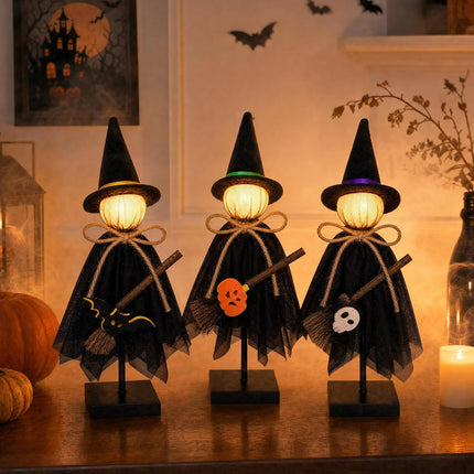 3-Piece Lighted Halloween Witch Figurines, Wooden Stand, 3 Modes Table Decor