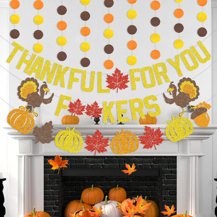 Thankful for You Banner, Gold Glitter Friendsgiving & Thanksgiving Party Decor