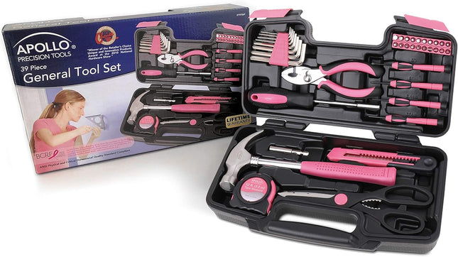 39-Piece DIY Tool Set – Essential Hand Tools for Home Repairs & Crafts in Pink Toolbox