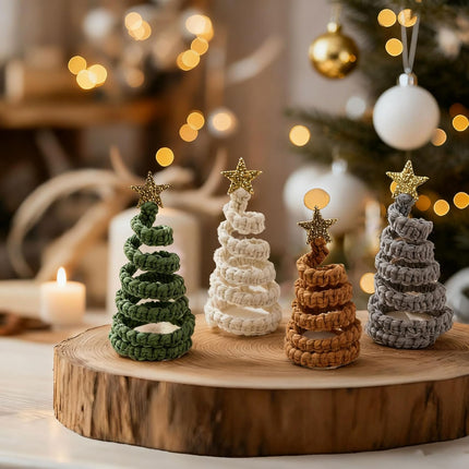 4pcs Mini Christmas Trees with Glitter Stars, Rustic Tabletop Holiday Decor