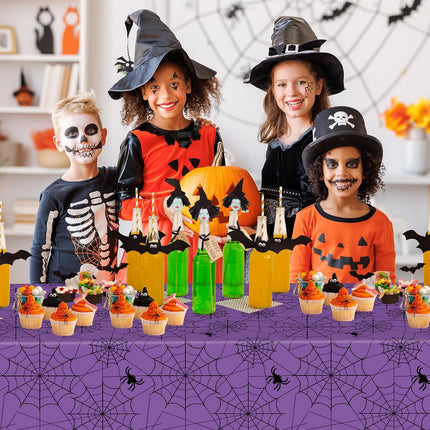 2-Pack 108x54in Halloween Spider Web Tablecloths, Purple Disposable Plastic Covers