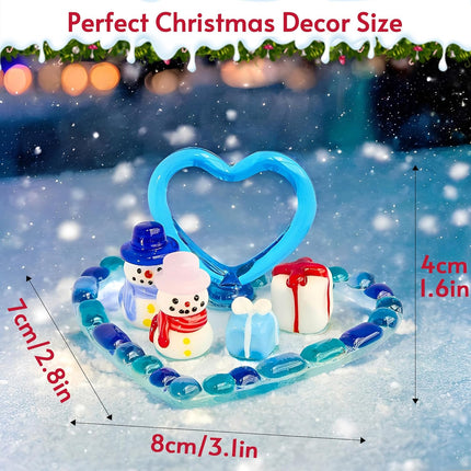 Christmas Snowman Figurine – Blue Blown Glass Ornament with Heart Base