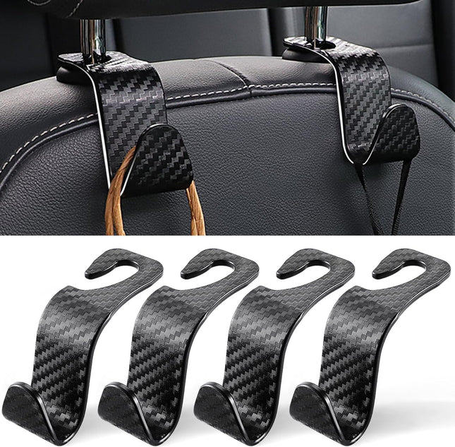 4 Pack Car Purse Hooks, Universal Seat Headrest Hangers, Carbon Fiber Black