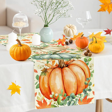 Thanksgiving Fall Table Runner 13x72, Pumpkin Eucalyptus Home Decoration