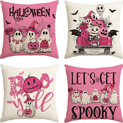 4-Pack Pink Halloween Ghost Boo Y'all Pumpkin Pillow Covers 18x18in, Spooky Decor